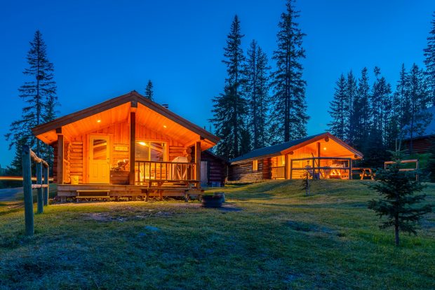 The Cabins at the Mile High Resort during the night at Logan Lake.