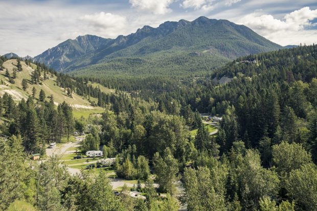 An aerial view of the Canyon RV Resort in Radium Hot Springs.